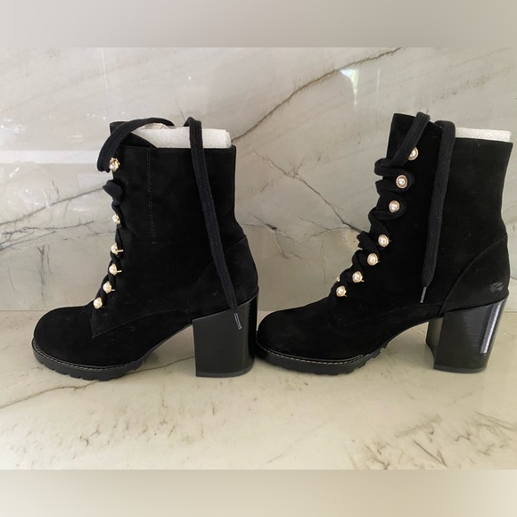 Stuart Weitzman Ivey Suede Faux- Pearl Embellished Combat Boots - Picture 2 of 6